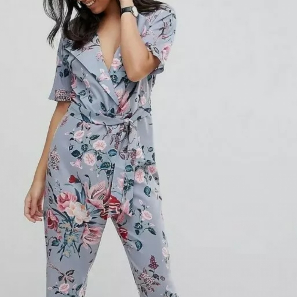 Asos Wrap Blue Printpink Floral Women's Cropped Jumpsuit Size US 2 NWT